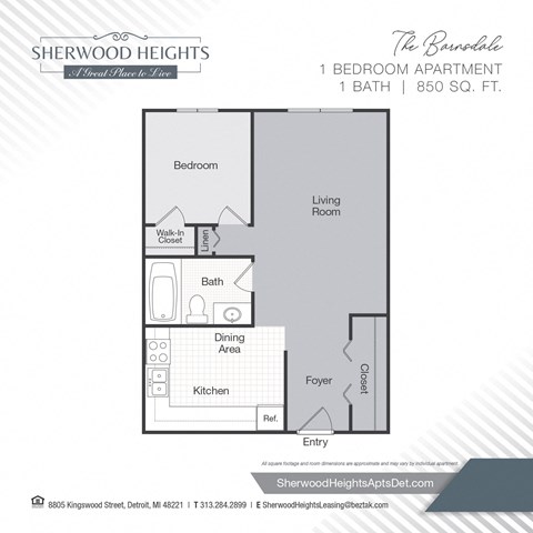 Floor plan for 1 bed, 1 bath, 850 sqft